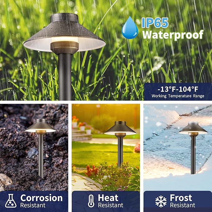 Gardenreet Brass Landscape Path Lights - 12V Low Voltage Pathway Light IP65 Waterproof, Outdoor Walkway Lighting Wired, Hat Bronze for Patio Lawn with 3W 4000K Neutral White G4 Bulb (10 Pack)