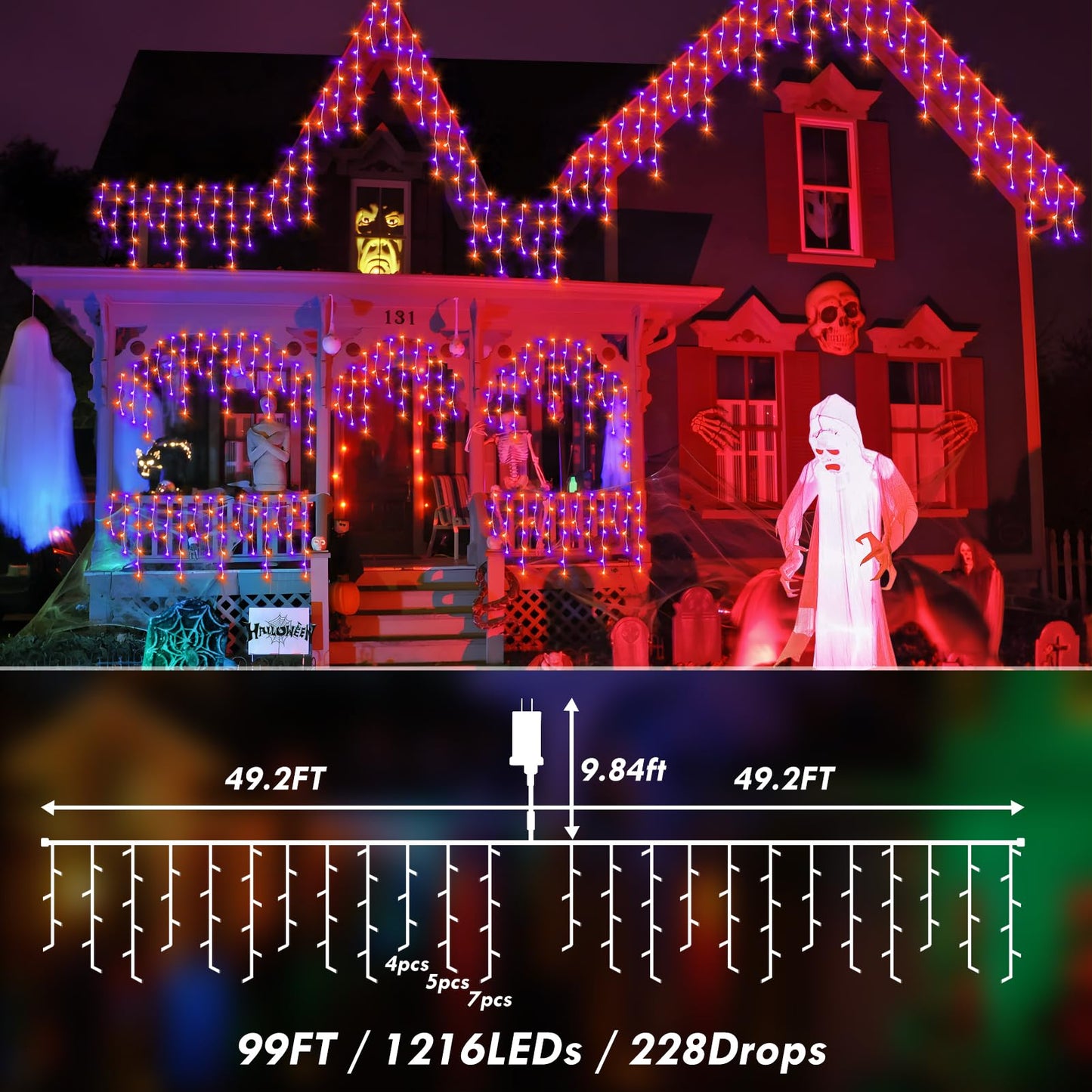KNONEW 99FT 1216 LED Halloween Lights Decortation Orange Purple String Lights Outdoor with 228 Drops, 8 Lighting Modes, Timer Memory Function Hanging Curtain Lights for Halloween Party Decor
