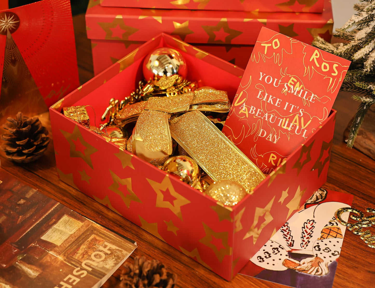 MIZFRUZZY 3-Piece Seasonal Holiday Boxes with Lids for Presents, Red Gold Star, Presentation Wrapping, Cardboard Paper Box for Holiday Parties, Hostess Gifts, Decorative Christmas Box