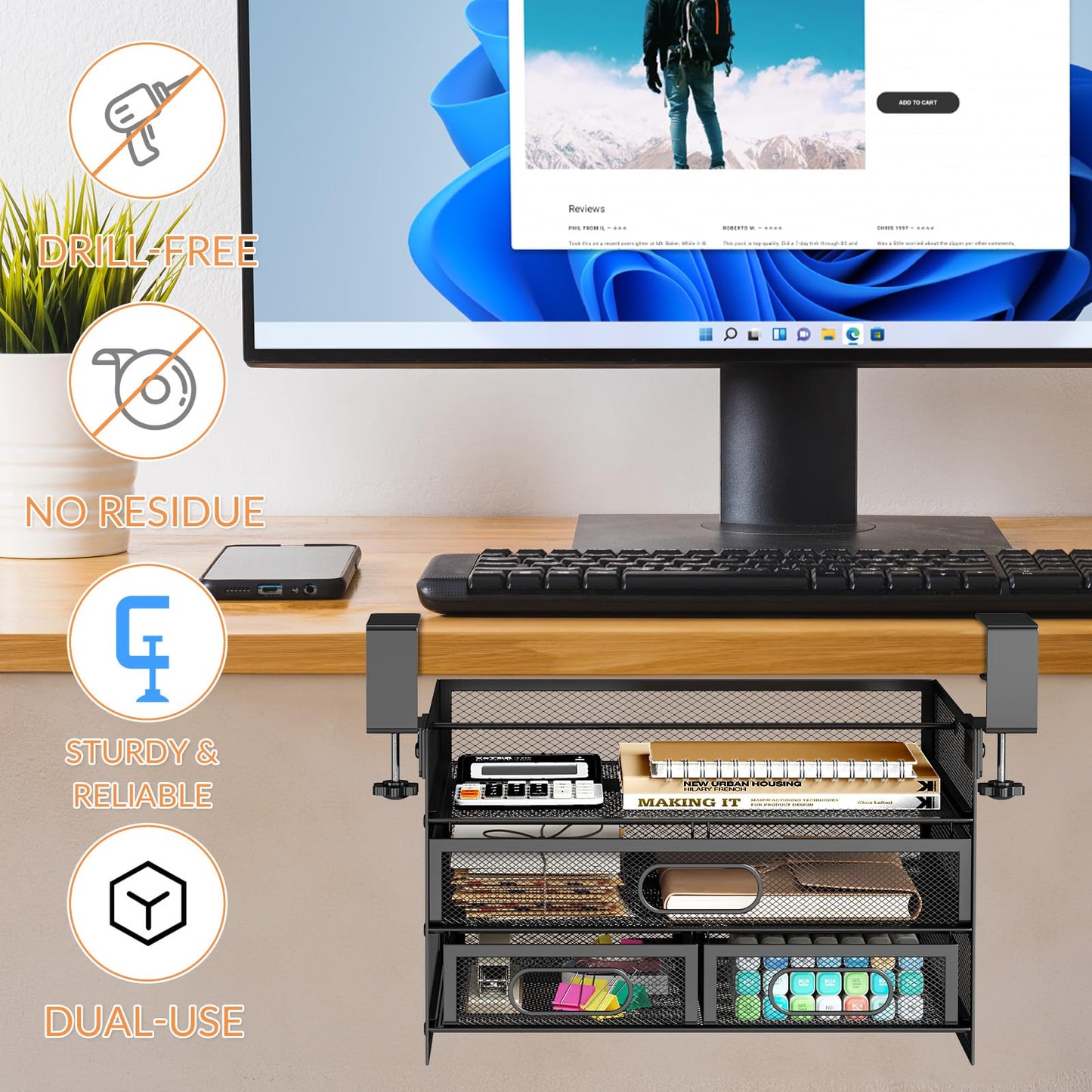 Under Desk Drawer Organizer 3 Layer, Large Under Desk Storage Side Drawers for Home & Office, Drill-Free Clamp-on Installation for Small Space, Spacious Storage for Office Supplies, Papers