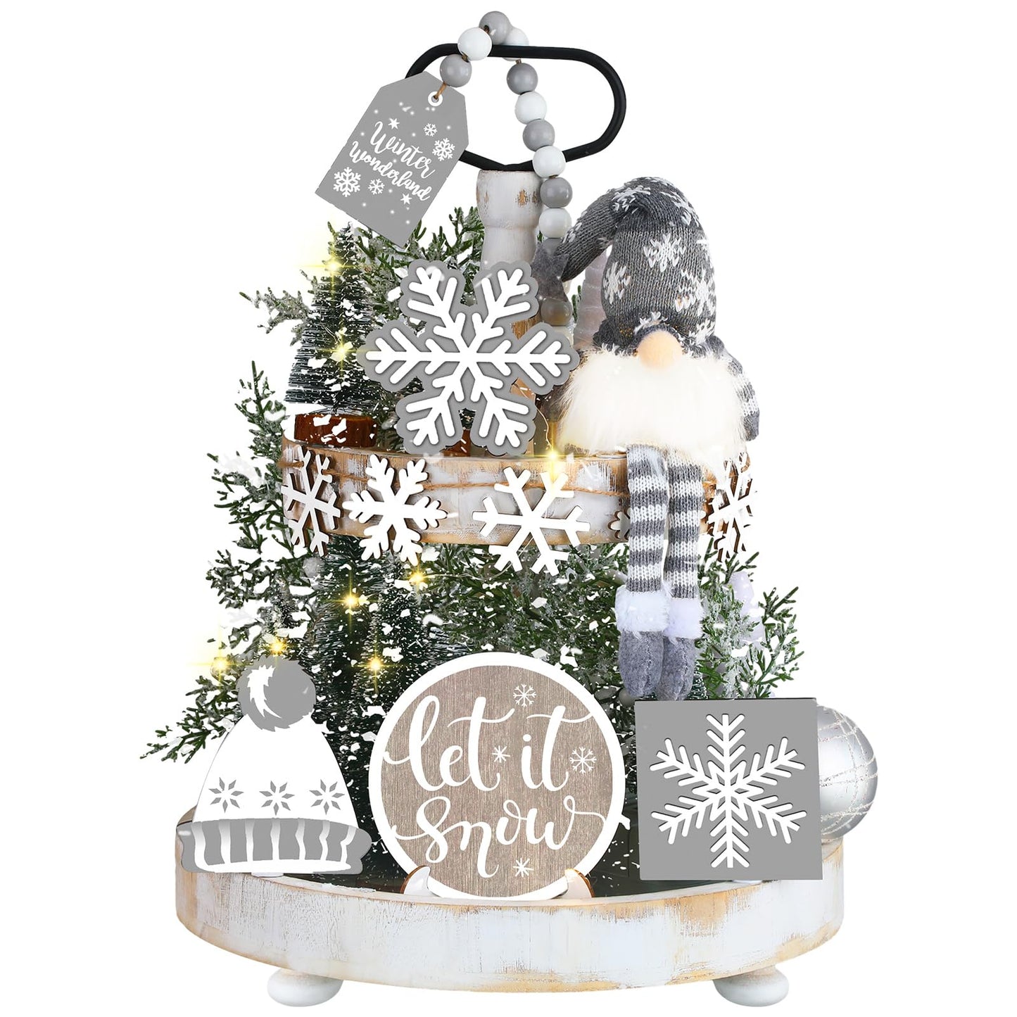 Soaoo 16 Pcs Winter Tiered Tray Decor Snowflake Rustic Gnome Plush Winter Tray Decor Wood Table Signs for Holiday Table Centerpieces Home Decorations(Silver Gray)