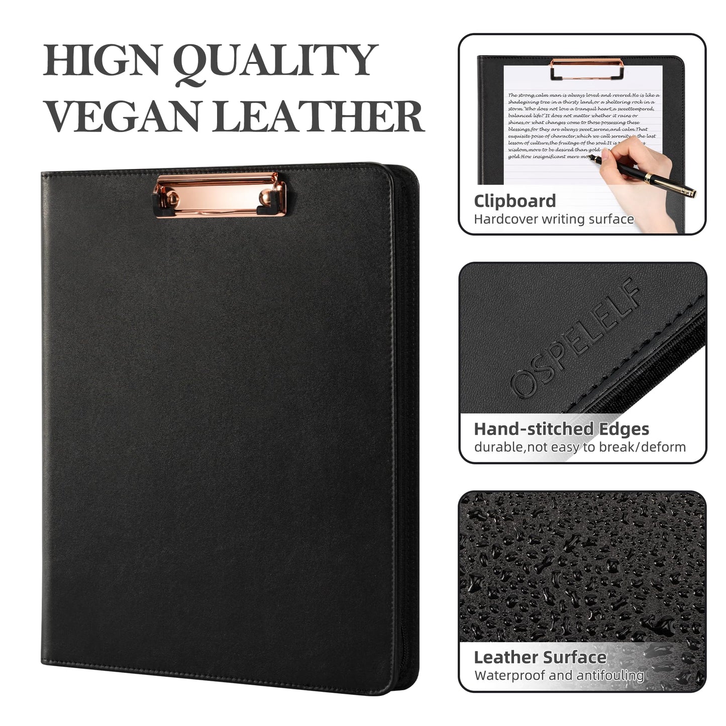 Ospelelf Zippered Padfolio Portfolio Folder, Leather Clipboard with Storage, 3 Ring Binder 1 Inch,12.1” Tablet Sleeve, 5 Dividers with Pocket, Refillable Notepad, Card Slot (Classic Black)