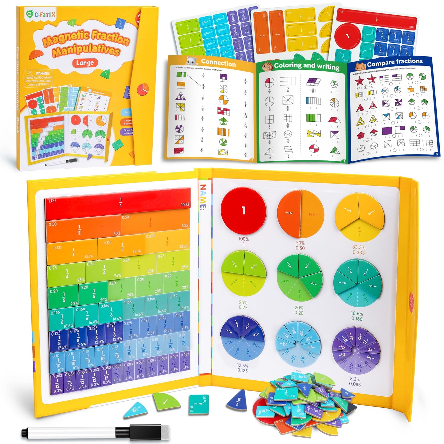 D-FantiX Large Magnetic Fraction Demonstration Book, Magnetic Fraction Tiles & Fraction Circles Set with Dry Erase Activity Card, Montessori Fraction Manipulatives Learning Toys for Kids