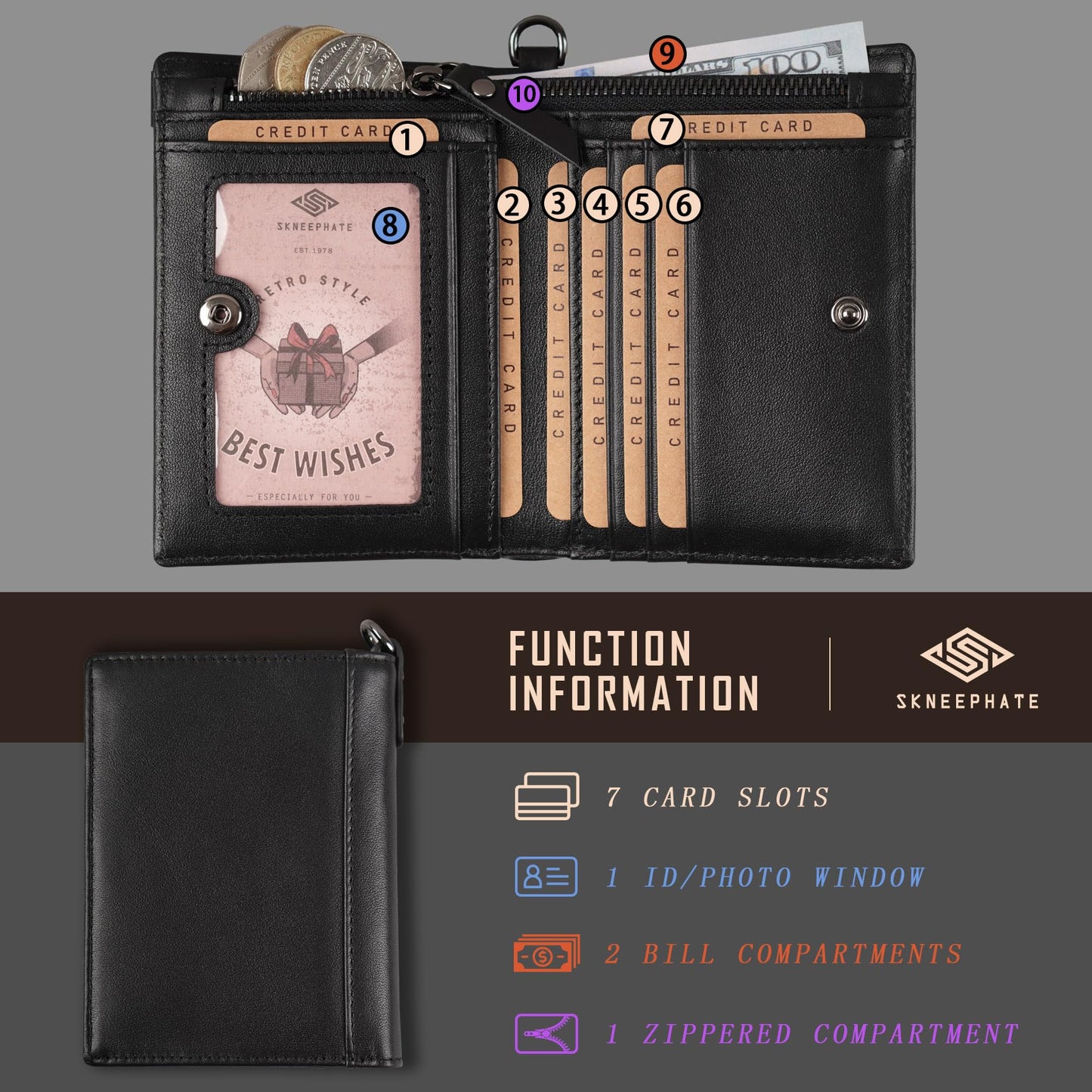 skneephate Mens Leather Wallet With Chain Skull Bifold Wallets Zipper Coin Pocket Rfid Blocking Gift For Him Husband (black)