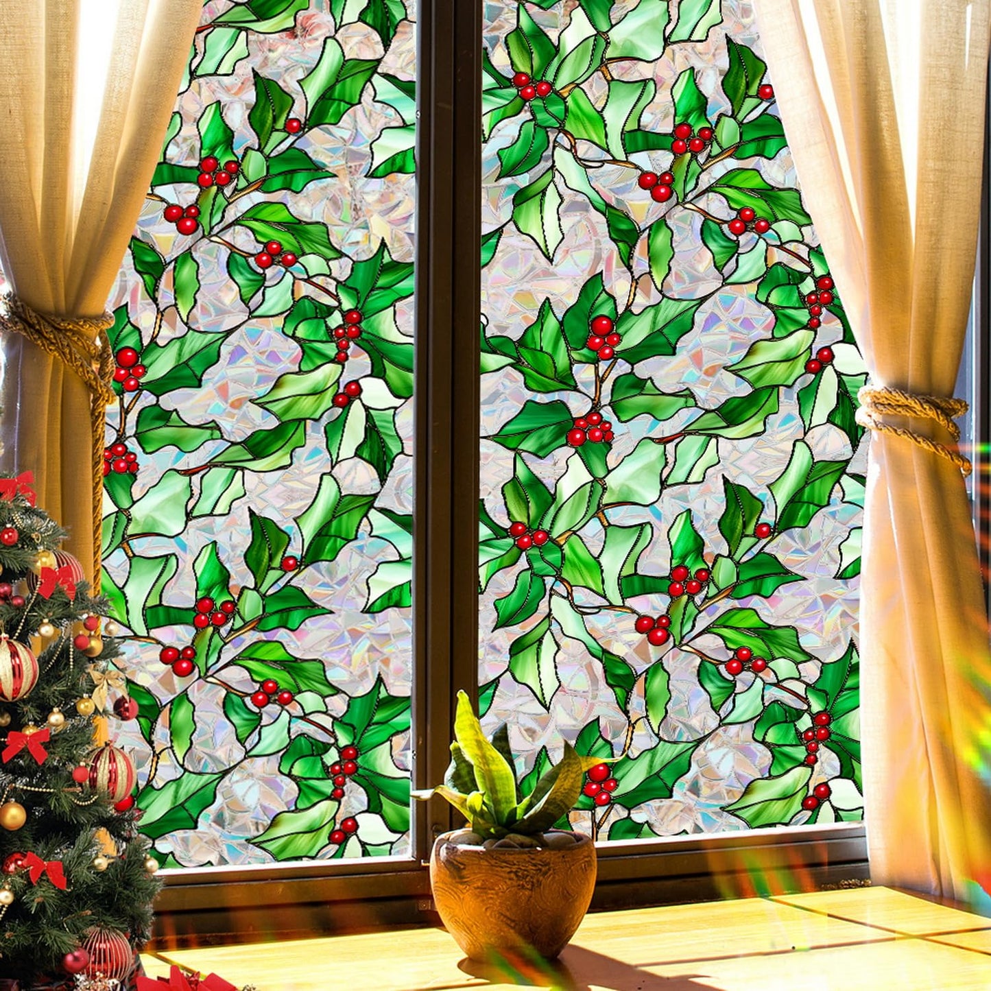Christmas Window Film Christmas Green Window Clings DIY Glass Art Decoration Xmas Red Berry Designs Privacy Film Stained Glass Window Film Windows Sticker for Holiday Bedroom Door Decor