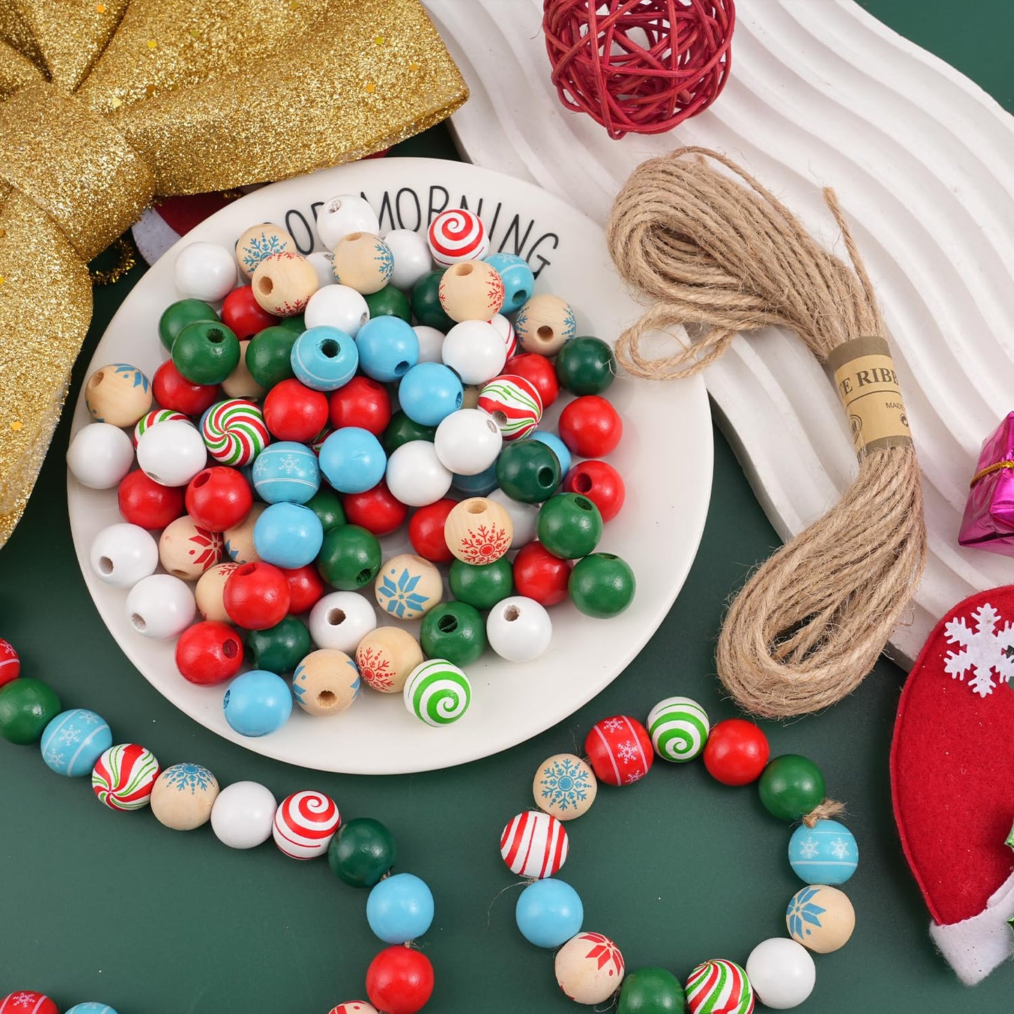 200 Pcs Christmas Wooden Beads for Crafts Natual Painted Wood Spacer Loose Beads with Twine for Xmas Party Holiday DIY Garland Hanging Decor