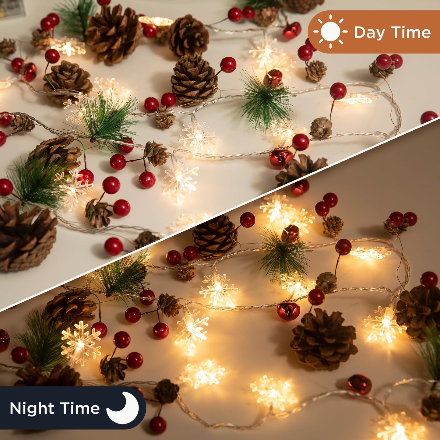 Christmas Garland with Lights,6.6FT Snowflake Pinecones Christmas String Lights with Remote Control,20 LEDs Battery Operated Garland for Christmas Decorations Indoor/Outdoor (Warm White)