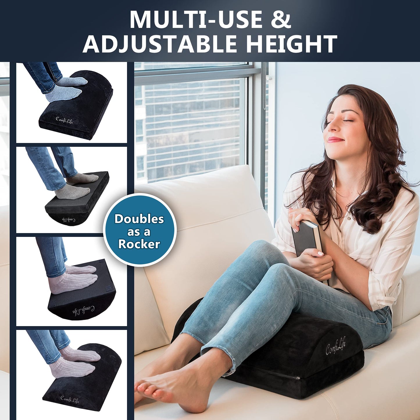 ComfiLife Foot Rest for Under Desk at Work – Adjustable Height Memory Foam Foot Stool for Under Desk, Office Chair & Gaming Chair – Ergonomic Footrest for Back & Hip Pain Relief (Black)