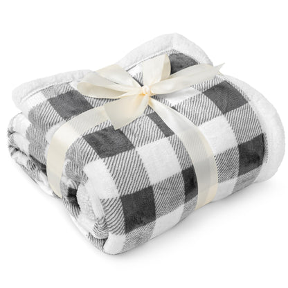 PAVILIA Light Grey Buffalo Plaid Sherpa Throw Blanket for Couch, Plush Light Gray Checkered Fleece Blanket and Throws, Soft Fuzzy Flannel Blanket for Sofa Bed, Warm Cozy Winter Blanket Gift, 50x60