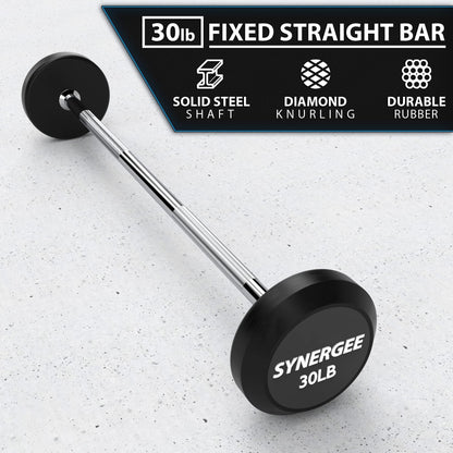 Synergee Fixed 30LB Barbell - Pre Weighted Straight Steel Bar with Rubber Weights - Fixed Weight