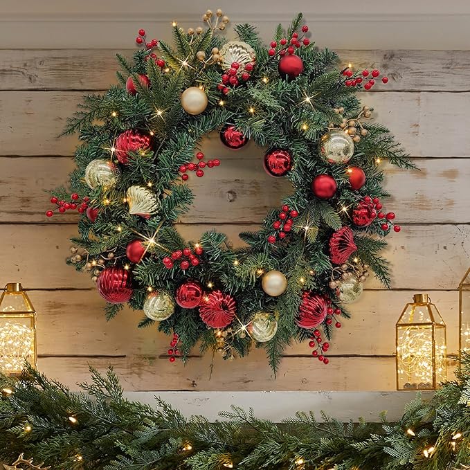 Christmas Lighted Wreath for Front Door, 28 Inches Pre-Lit 35 LED Lights, Red and Golden Artificial Holiday Wreath with Berries for Indoor Outdoor Home Decorations