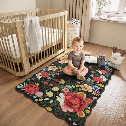 Washable Entryway Small Area Rugs: Door Mat Indoor Entrance 3x5 Floral Rug Ultra Thin Stain Resistant Non Slip Low Pile Lightweight Carpet for Kitchen, Front Door, Kids Room Decor (Black)