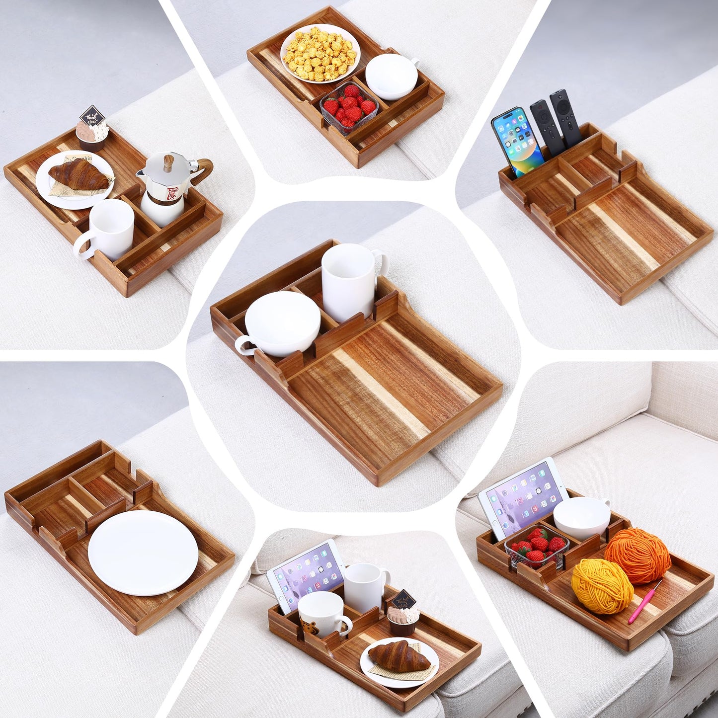 Nnewvante Couch Tray Insert with Cup Holder,2-in-1 Insert & Flat Sofa Organizer Acacia Wood with 2 Cup Holders,Fits Middle Couch or Ottomans,for Snacks, Drinks, Remotes,15.35x9.84-inch
