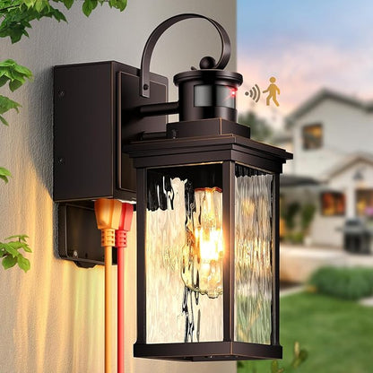 Exterior Lighting Fixtures Wall Mount for Garage with GFCI Outlet, Oil Rubbed Bronze Gold Trim Farmhouse Motion Sensor Porch Lights Outdoor, Outside Sconces for House with Water-Ripple Glass