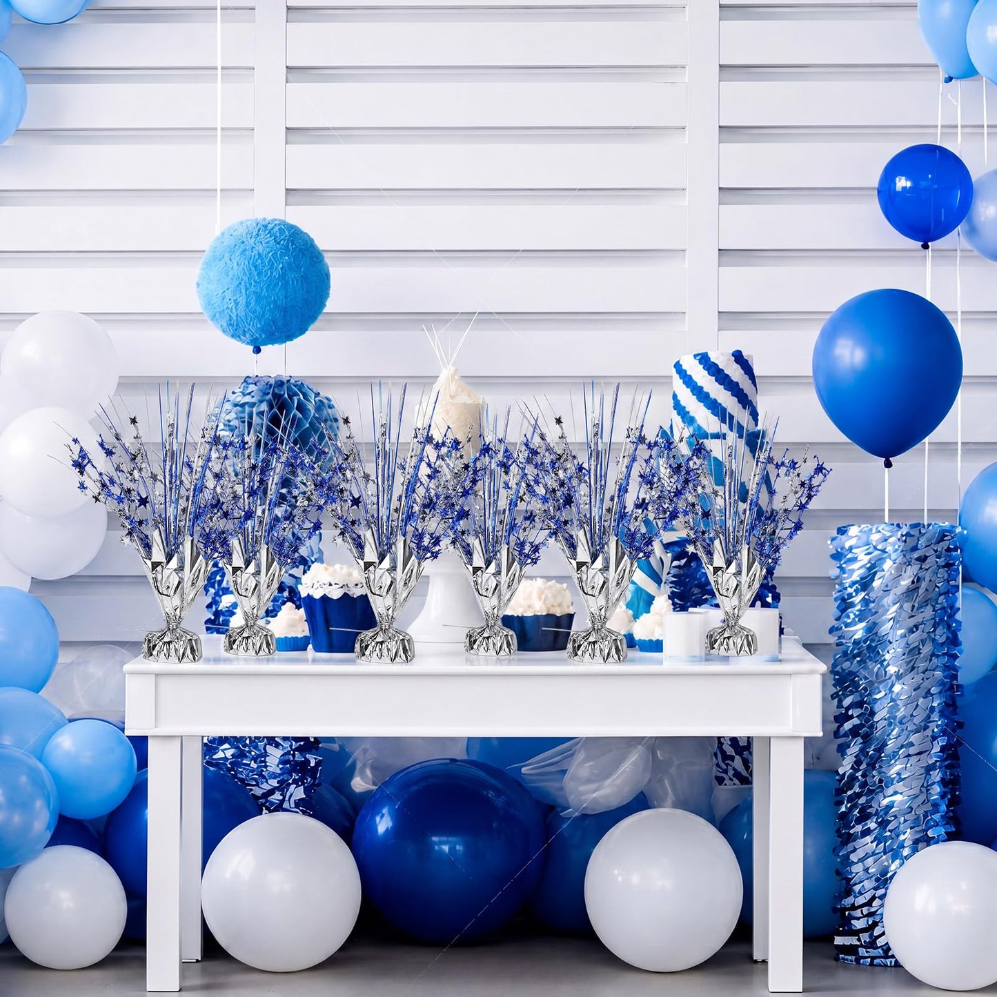 SiliFine 18 Pack Metallic Foil Spray Centerpiece Blue Silver Star Table Decoration Burst Glitter Table Topper Decor for Birthday Wedding Graduation Back to School Shower Party Supplies Decor