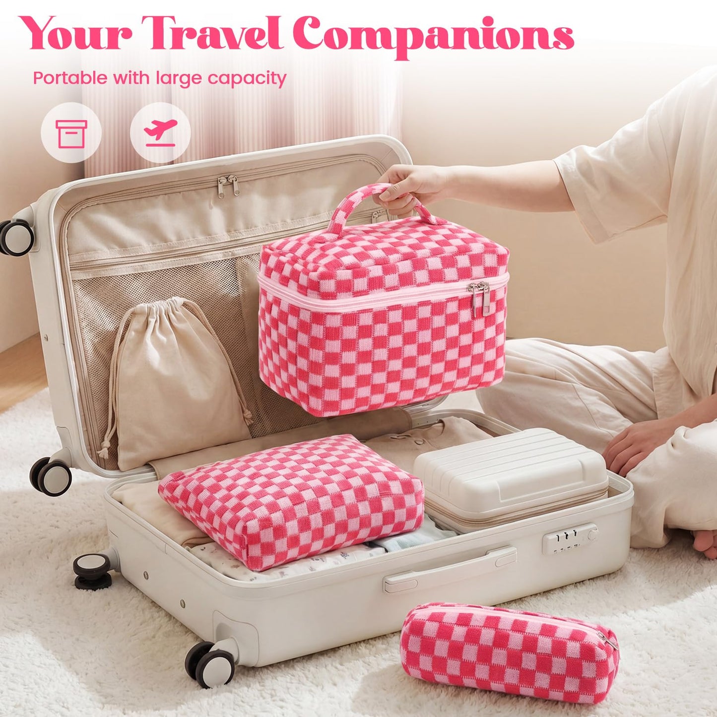 Gilprop 3 Pcs Knit Checkered Makeup Bags Zipper Cosmetic Bag for Purse Large Travel Toiletry Bag Organizer Portable Accessory Pouch Brush Bags Pencil Case for Women (Hot Pink)