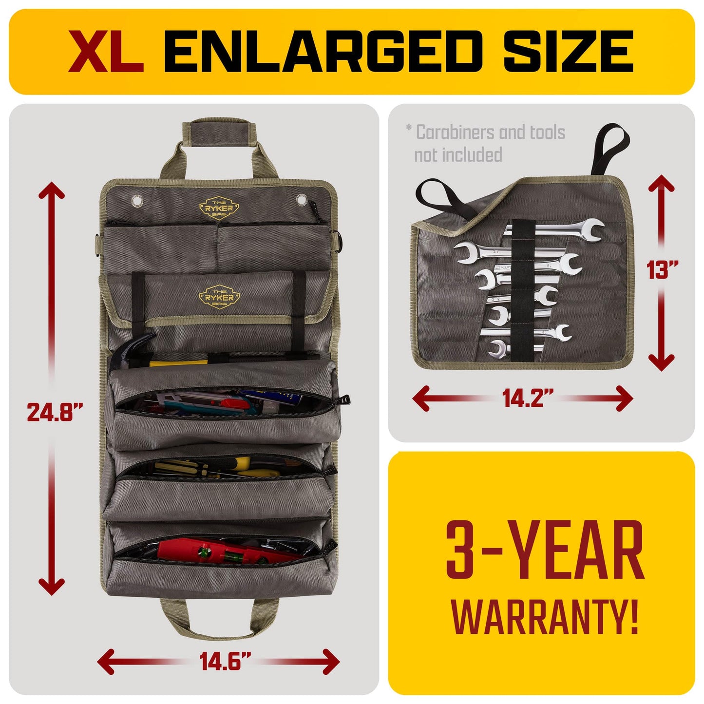 The Ryker Official PRO Tool BAG Organizer Heavy Duty Foldable Storage Bag with Detachable Pouches, Wrench Holder, Rugged Canvas for Mechanics, Electricians, Motorcycle Use, Practical Gift for Dads
