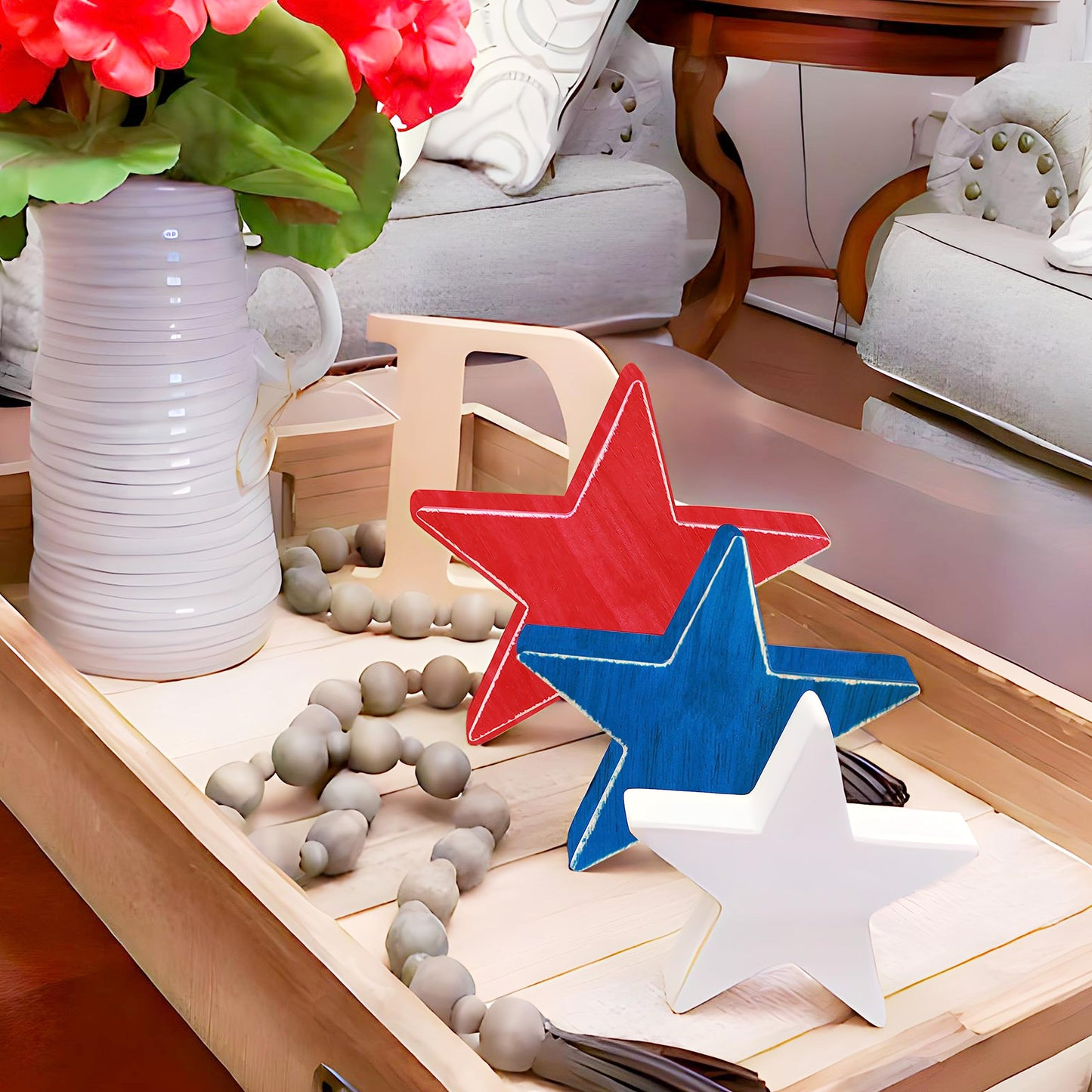 HH Family 4th of July Décor Handmade Rustic Patriotic Wood Stars - Set of 3, Red, White & Blue, Double-Sided Table Signs for Independence Day Decorations (Star1)