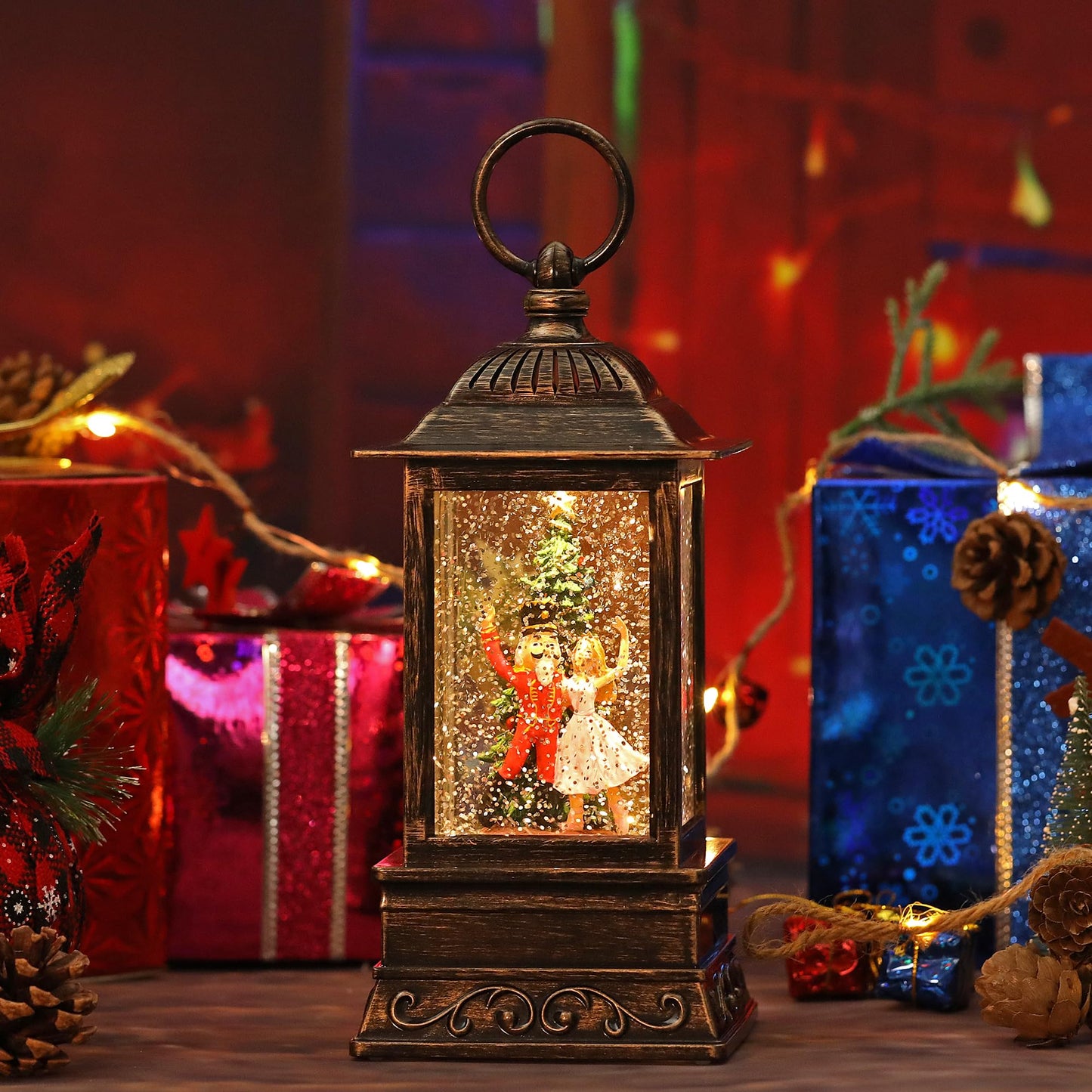 Christmas Snow Globe Decorations, Musical Glitter Nutcracker Lantern with 6H Timer, USB/Battery Powered Lighted Décor for Home, Tabletop, Gift Box