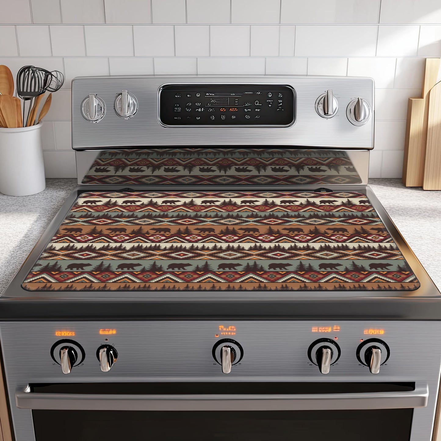 Stove Top Covers for Electric Stove,Forests Bears Indians Rubber Flat RV Range Stovetop Protector,Prevents Scratching, Expands Usable Space 28.5'' x 20.5''