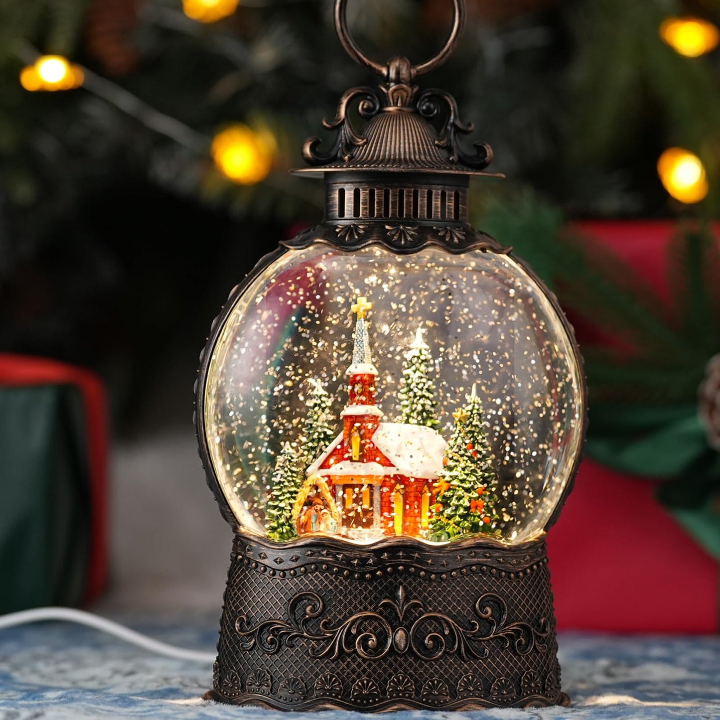 Snow Globe with Church, Light Up Christmas Snow Globes with Music Timer - USB Plug or Battery Operated Glitter Globe Indoor Christmas Decorations