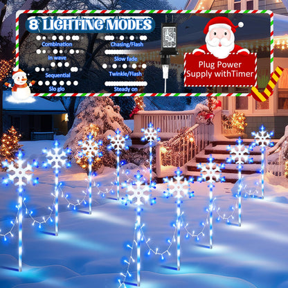 ElectricWise 10 Pcs Christmas Snowflake Pathway Stake Lights for Outdoor Yard, 370 Bright LEDs Waterproof Large Christmas Snowflake Light Decoration for Garden Lawn Driveway Walkway Decor (Blue White)