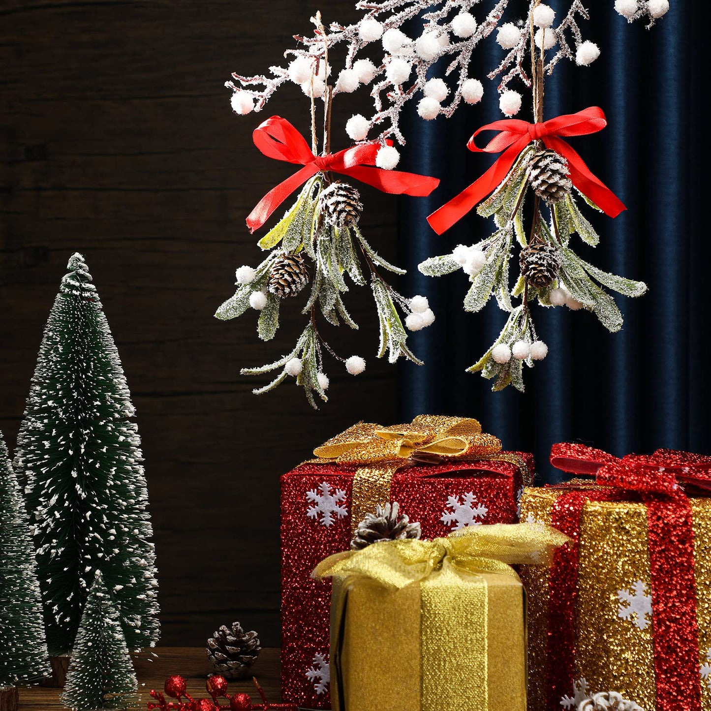 Giegxin 1 Piece Christmas Artificial Mistletoe Ornament with Bow Christmas Hanging Mistletoe Decoration Bouquet Floral Natural Pine Cones Holiday Decor Ornament Bouquet (Classic Style,Red)