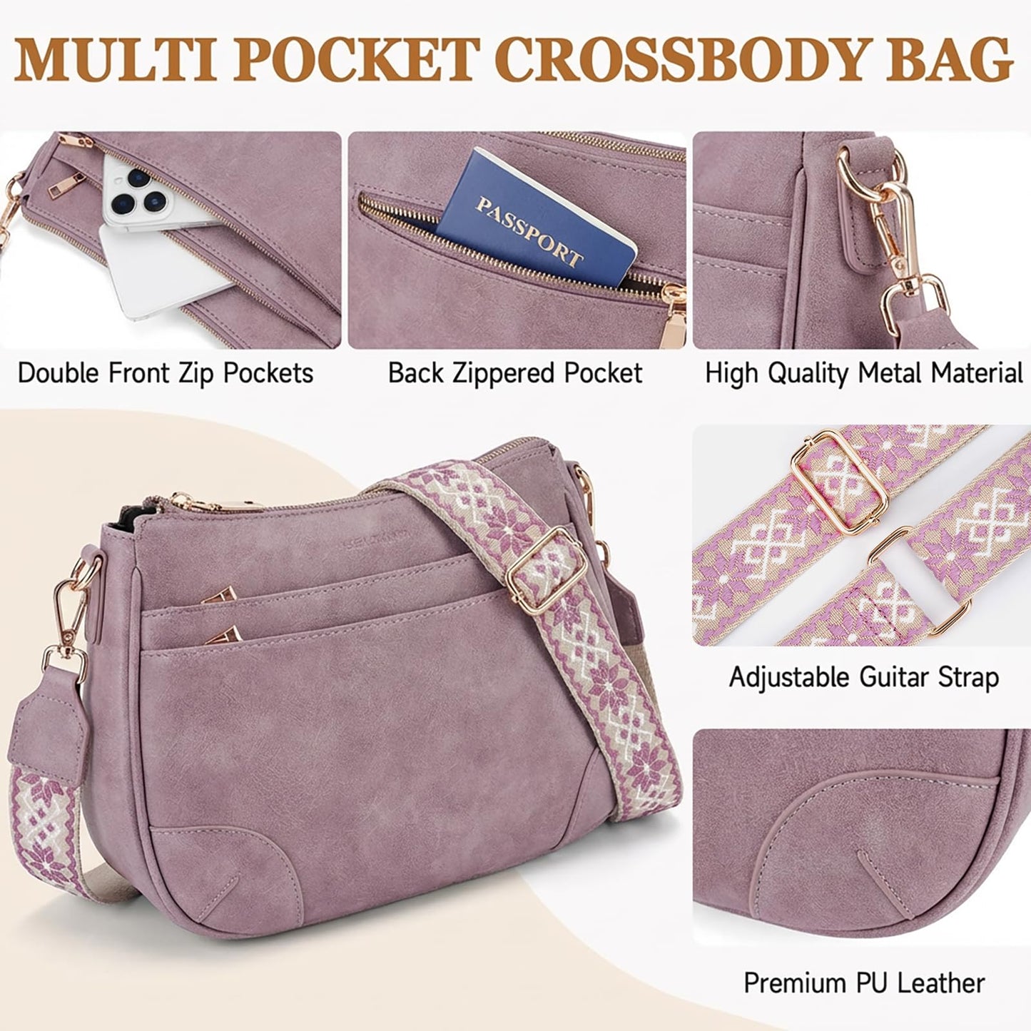 BELTANA Crossbody Bags for Women, Medium Shoulder Handbags, Satchel Purse with Multi Pockets (Purple)