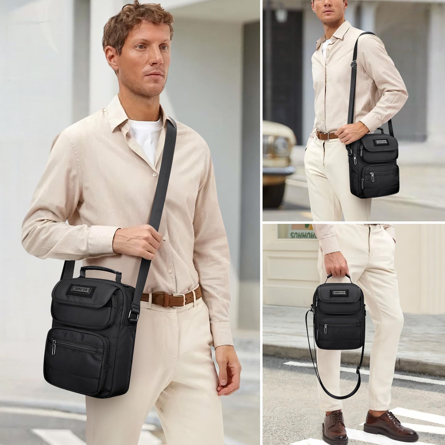 WITZMAN Crossbody Bag for Men Casual Shoulder Bag Lightweight Nylon Messenger Bag Small Man Purse for Work Travel(B710 Black)
