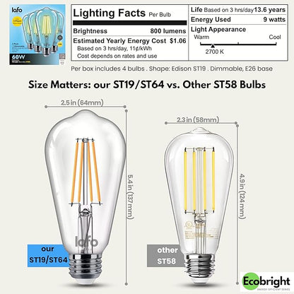 EcoBright ST19/ST64 LED Filament Bulbs, Dimmable, 60W Equivalent, 9W, 800 Lumens, 2700K Warm White, CRI90+, E26 Base, Flicker-Free, Edison Chandelier, ETL/FCC Certified (4 Pack)