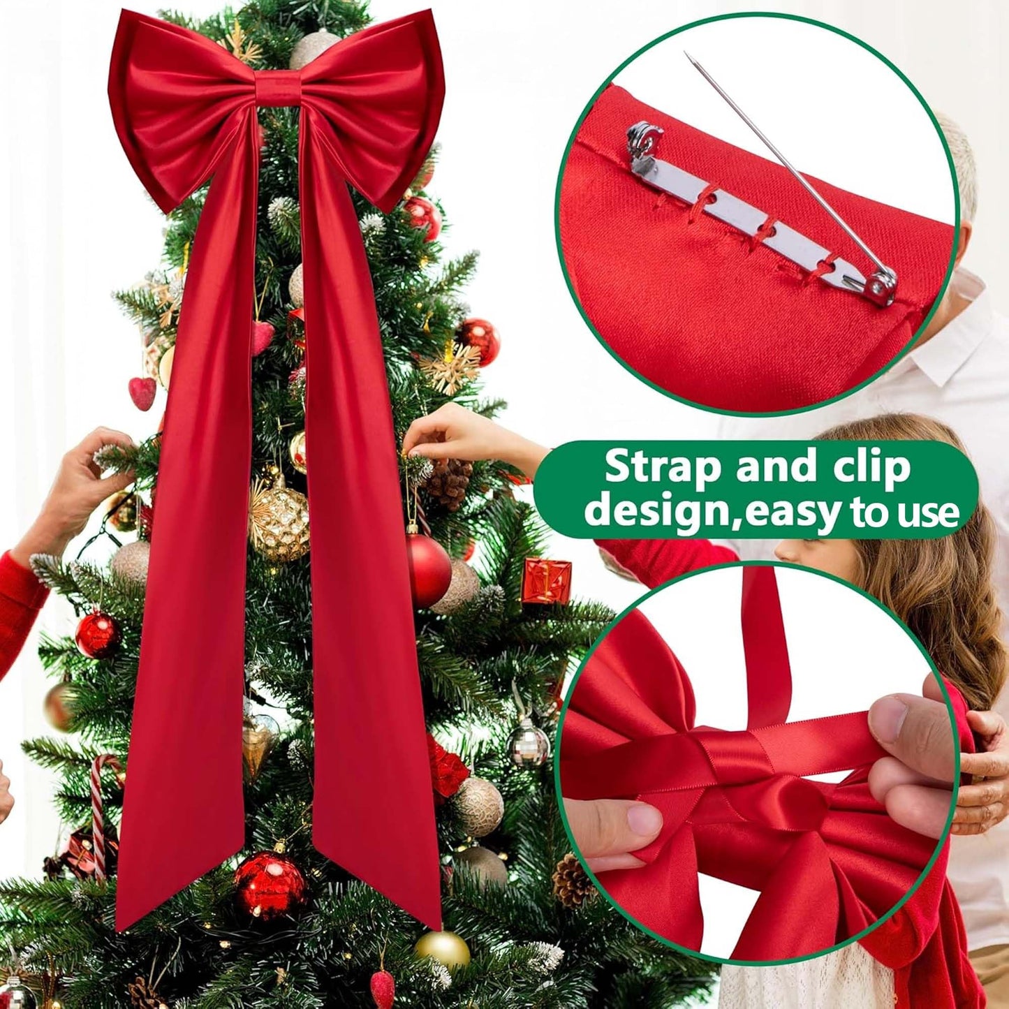 Iceyyyy 52.2 x 15.5 Inch Christmas Tree Topper Red Satin Bows,Double Layer Extra Large Tree Topper Ornament Bow,Giant Red Christmas Tree Bow for Indoor Outdoor Holiday Party Home Decor