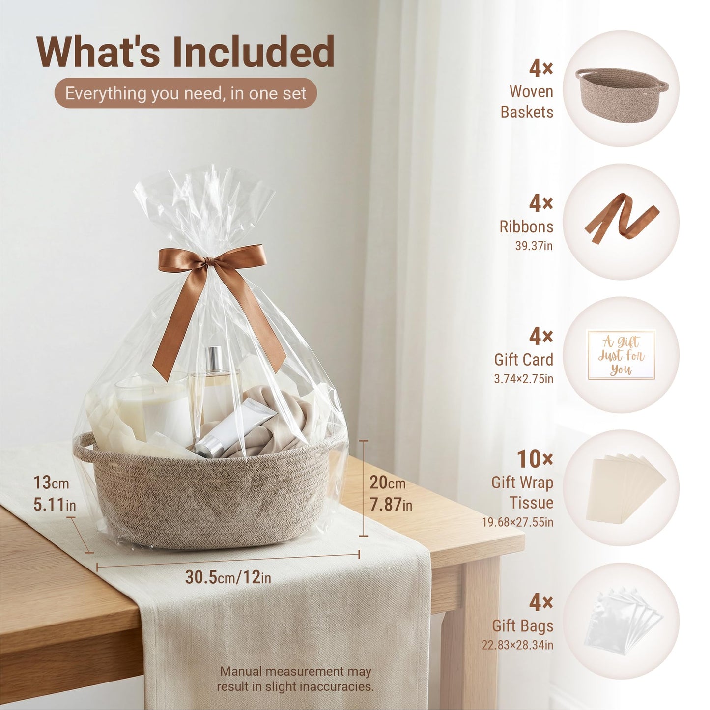 VIRETH HAUS 4 Pack Small Woven Baskets with Gift Bags, Ribbons, Wrap Tissue Papers – Gift Baskets Empty to Fill for Valentines, Baby Shower, Easter, Christmas Day, Decorative Storage Bins for Toys
