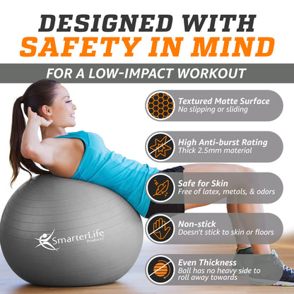 SmarterLife Exercise Ball Yoga Ball for Fitness, Balance, Stability, or Pregnancy, Gym Ball for Core Workout, Physical Therapy, Yoga Ball Chair for Office, Anti-Slip Anti-Burst