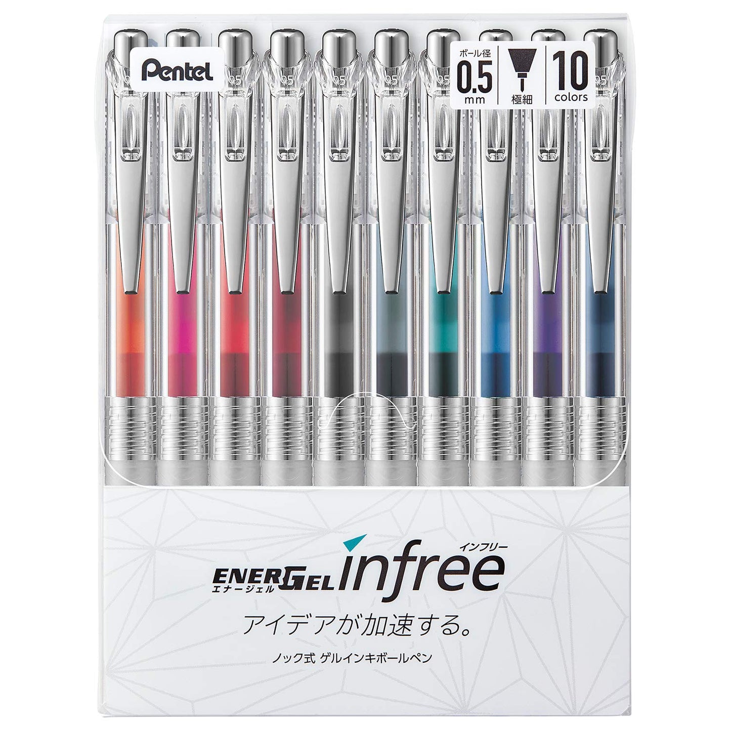 Pentel Gel Ink Ballpoint Pen, EnerGel, Infree, 0.5mm, Clear Body, BLN75TL-10, 10 Colors