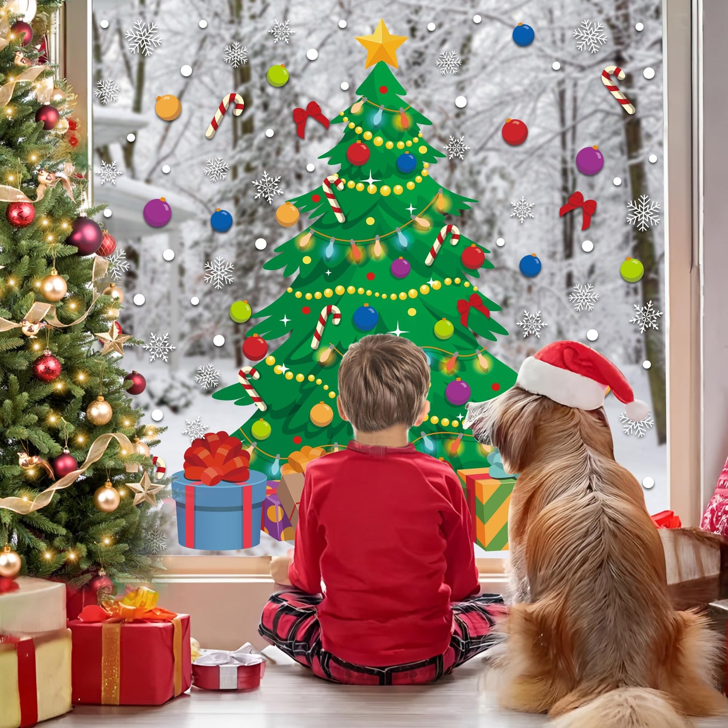 2 Sheet Christmas Tree Window Clings Extra Large Xmas Tree Snowflake Window Decals Stickers Reusable Double-Sided Christmas Windows Decorations for Xmas Winter Holiday Party Home Office Glass Decor