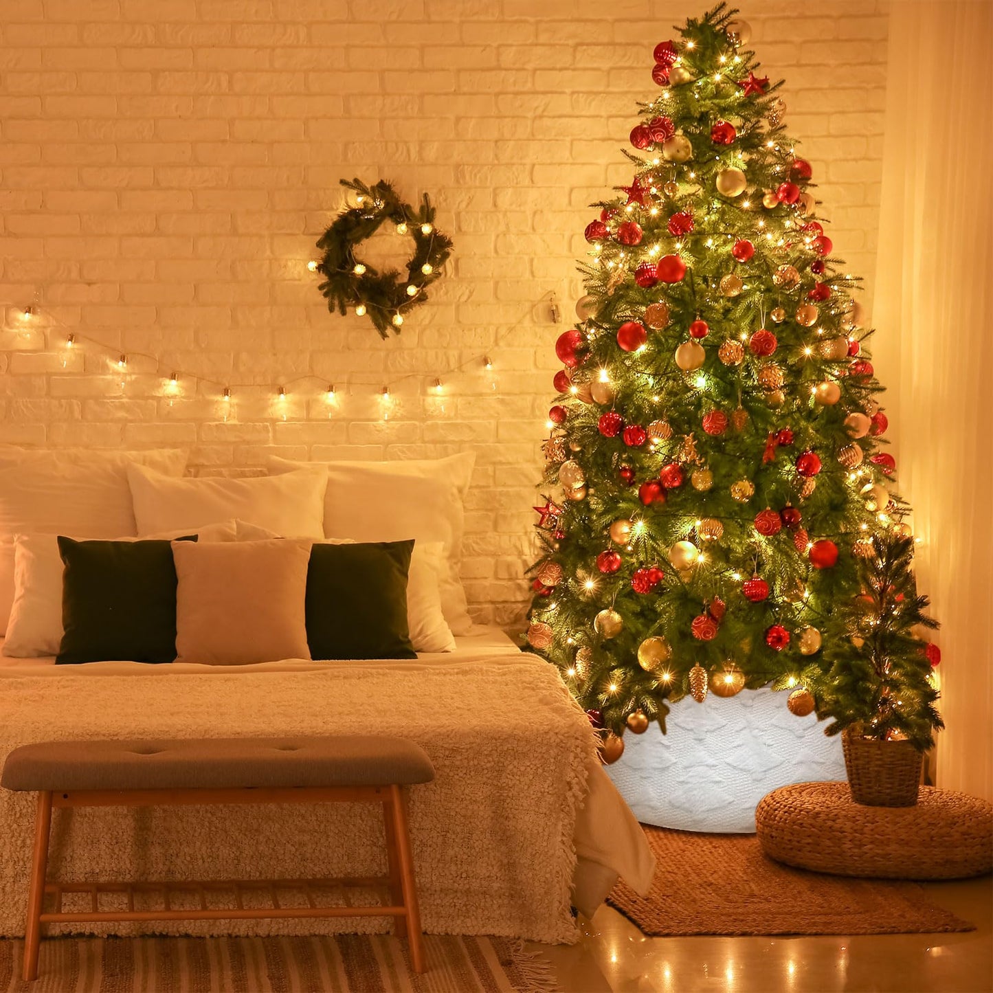 Halloscume 28.35 Inch Christmas Tree Collar Xmas Trees Skirt Boho Rustic White Faux Fur Christmas Tree Ring Skirt with Trees Pattern for Xmas Holiday Decoration Home Decor