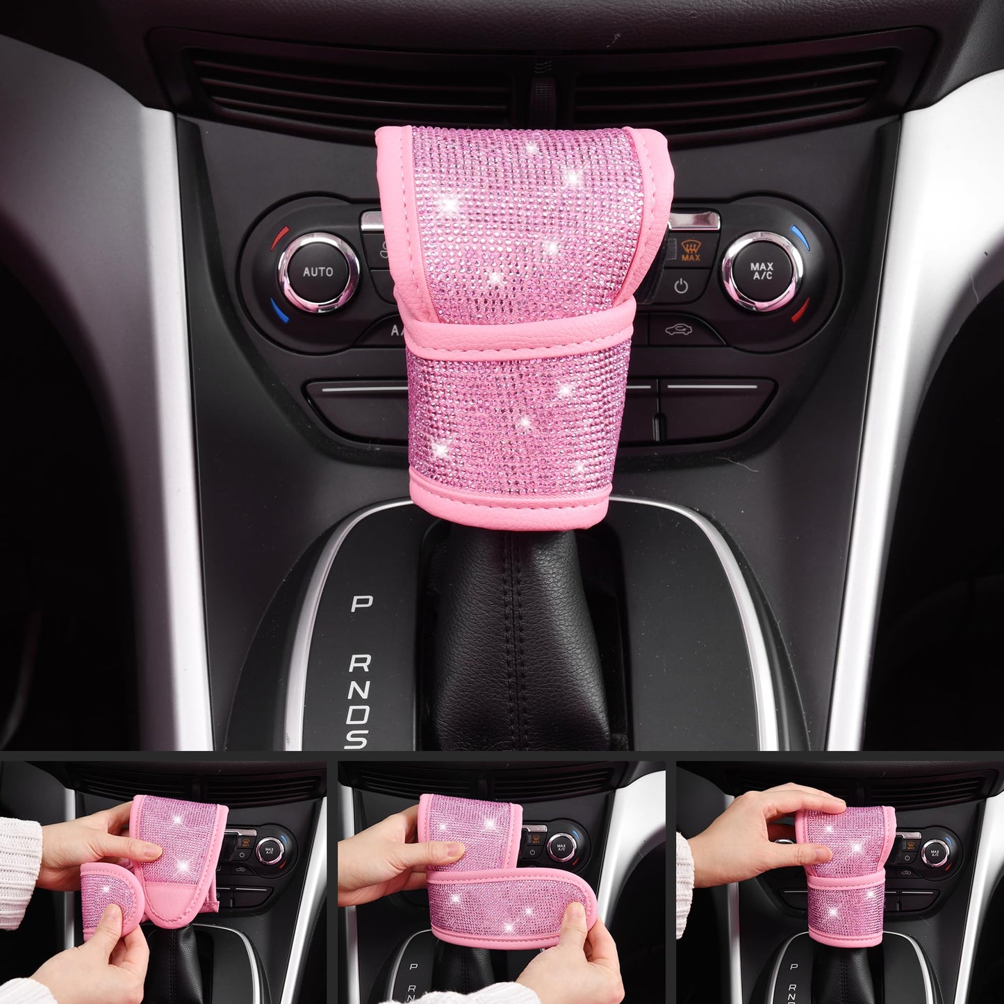 CAR PASS 24 PCS Pink Bling Diamond Accessories Set for Women, Leather Seat Covers, 15'' Steering Wheel Cover, Shining Rhinestone Sparkly Hooks, Coasters, Cute Interior Decorations