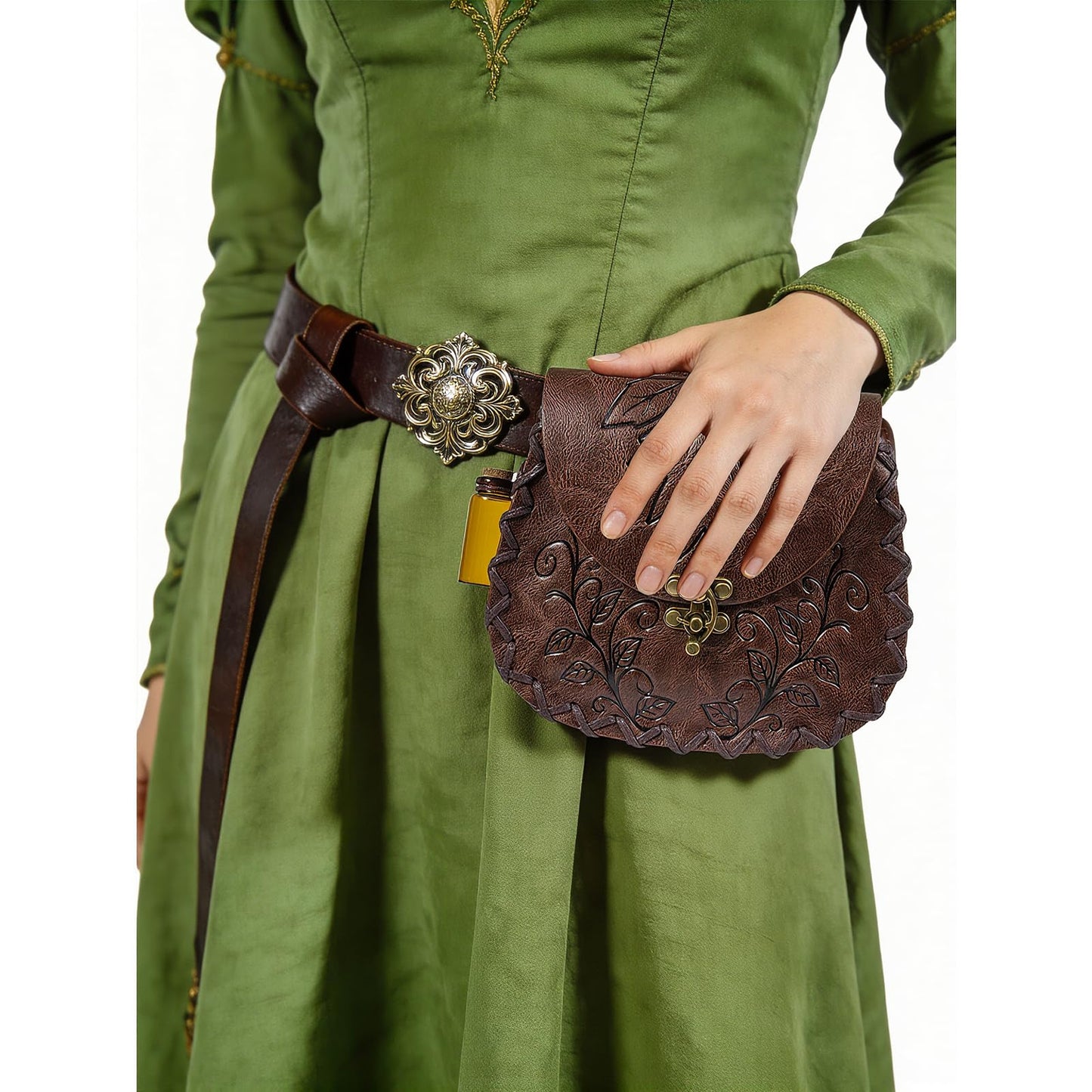 Retro Belt Pouch Medieval Retro Faux Leather Renaissance Costume Forest Elf Leaf Belt Bag Ren Faire Casual Waist Bag (Brown)