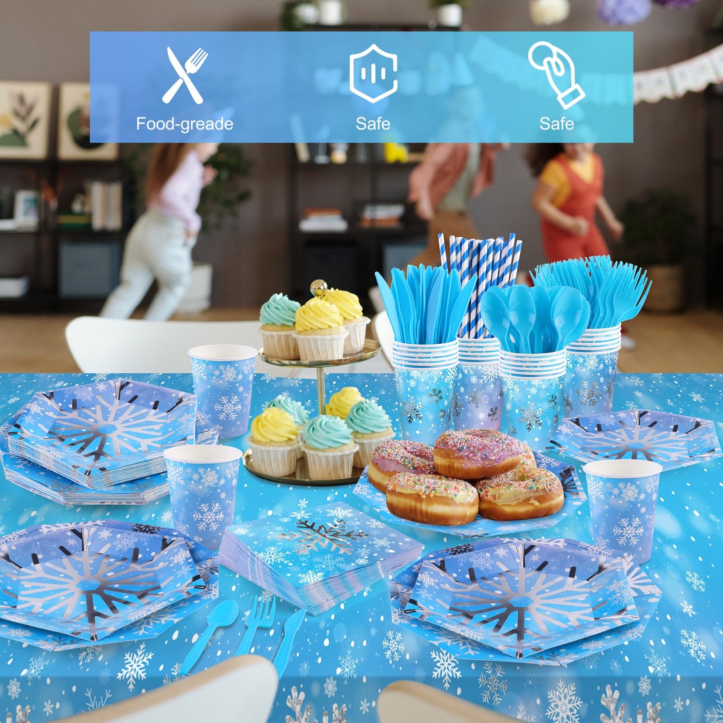 durony 201 Pieces Winter Snowflake Party Tableware Supplies Frozen Birthday Silver Stamping Snowflake Paper Plates Napkins Cups Straws Cutlery Tablecloth for Winter Frozen Party Supplies, Serve for 25