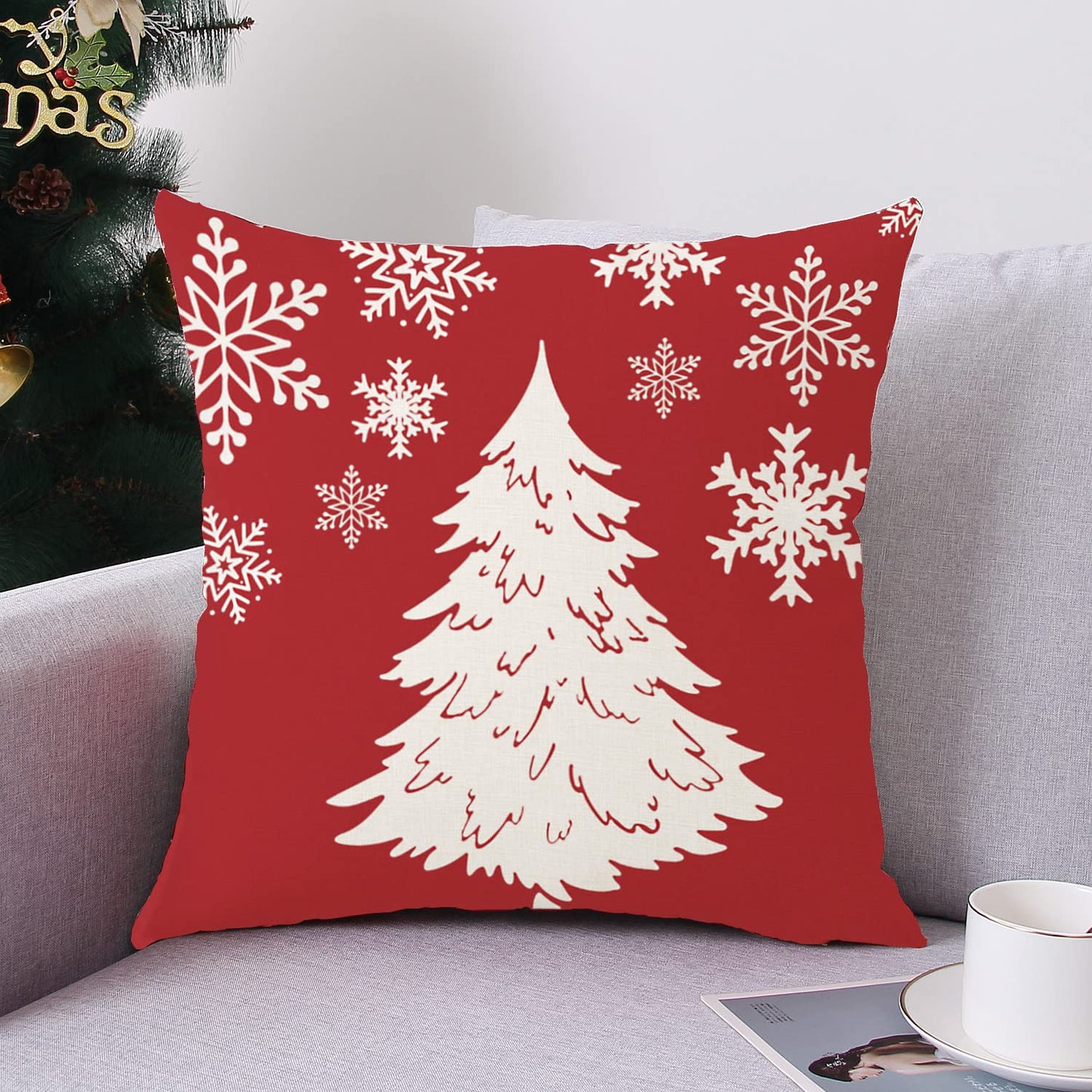 Coeufuedy Red Christmas Pillow Covers - 18x18 Inch Set of 4 Snowflake Trees & Deer Decorative Cushions for Home & Sofa