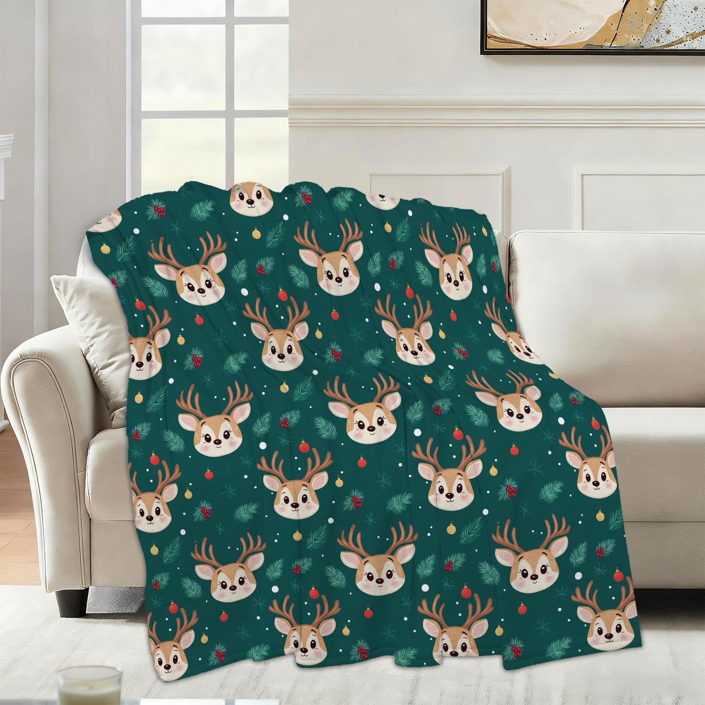 Cute Elk Throw Blanket for Couch Home Decoration,Green Christmas Pine Leaf Cozy Fluffy Blanket,Decorative Flannel Fleece Fall Throw for Sofa Living Room Travel,Camping,Naps,Reading50 X 60 Inch