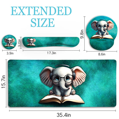 LIMKRIAN Desk Mat Pad, Large Gaming Mouse Pad with Wrist Rest Wrist Support, Ergonomic Mouse Pad Keyboard Mat Wrist Rest, Cup Coaster, Home Office Desk Accessories Decor Supplies, Cute Elephant