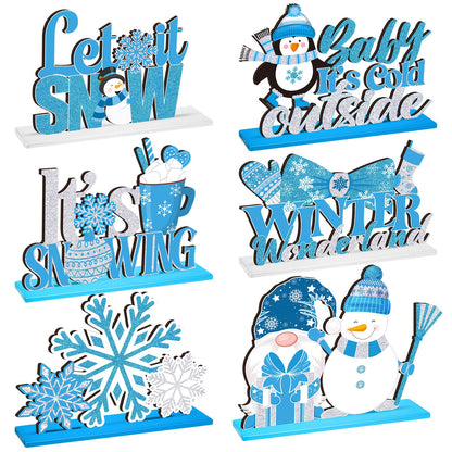 Shellwei 6 Pcs Winter Party Table Decorations Snowflake Snowman Wooden Centerpieces Winter Let It Snow Party Baby is Cold Outside Decoration for Christmas Baby Shower Supplies