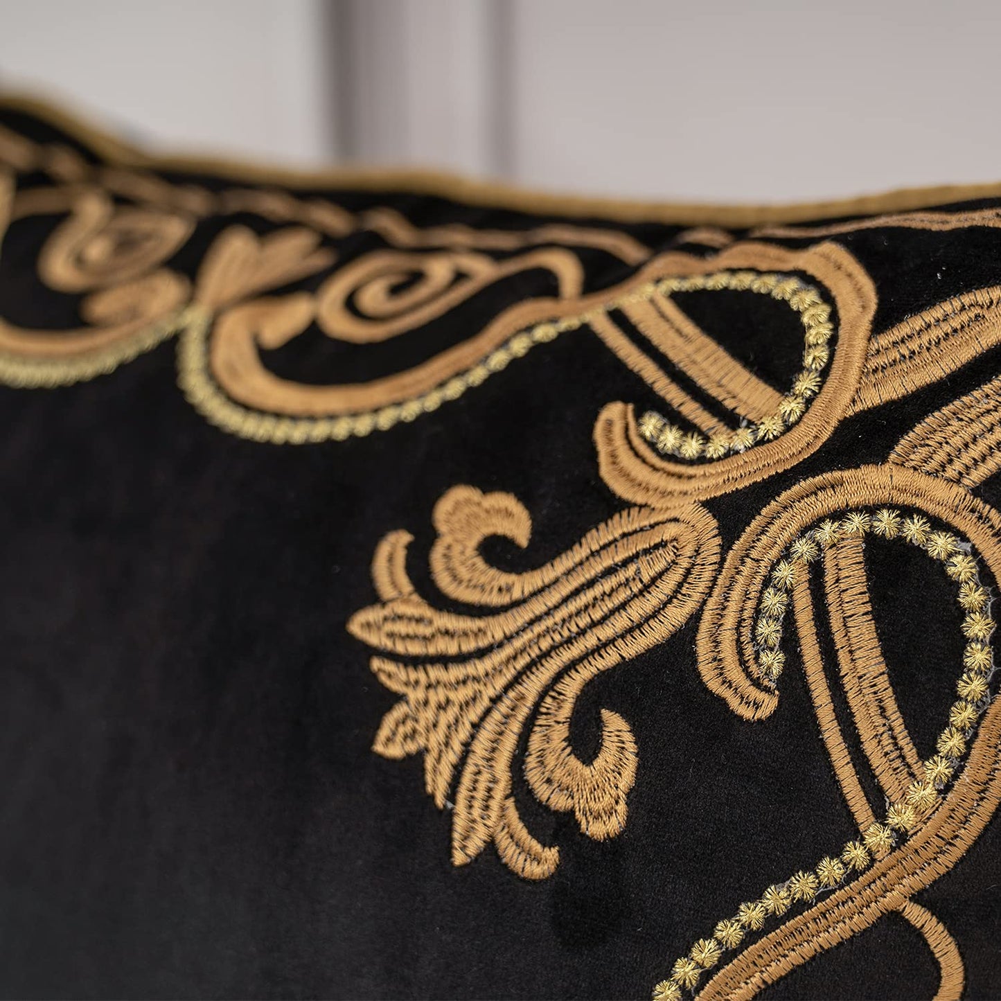 Aeckself Floral Pillow Cover 18x18 Inch, Velvet Embroidered Decorative Farmhouse Accent Throw Pillow Cover for Couch Bedroom Living Room, Black and Gold
