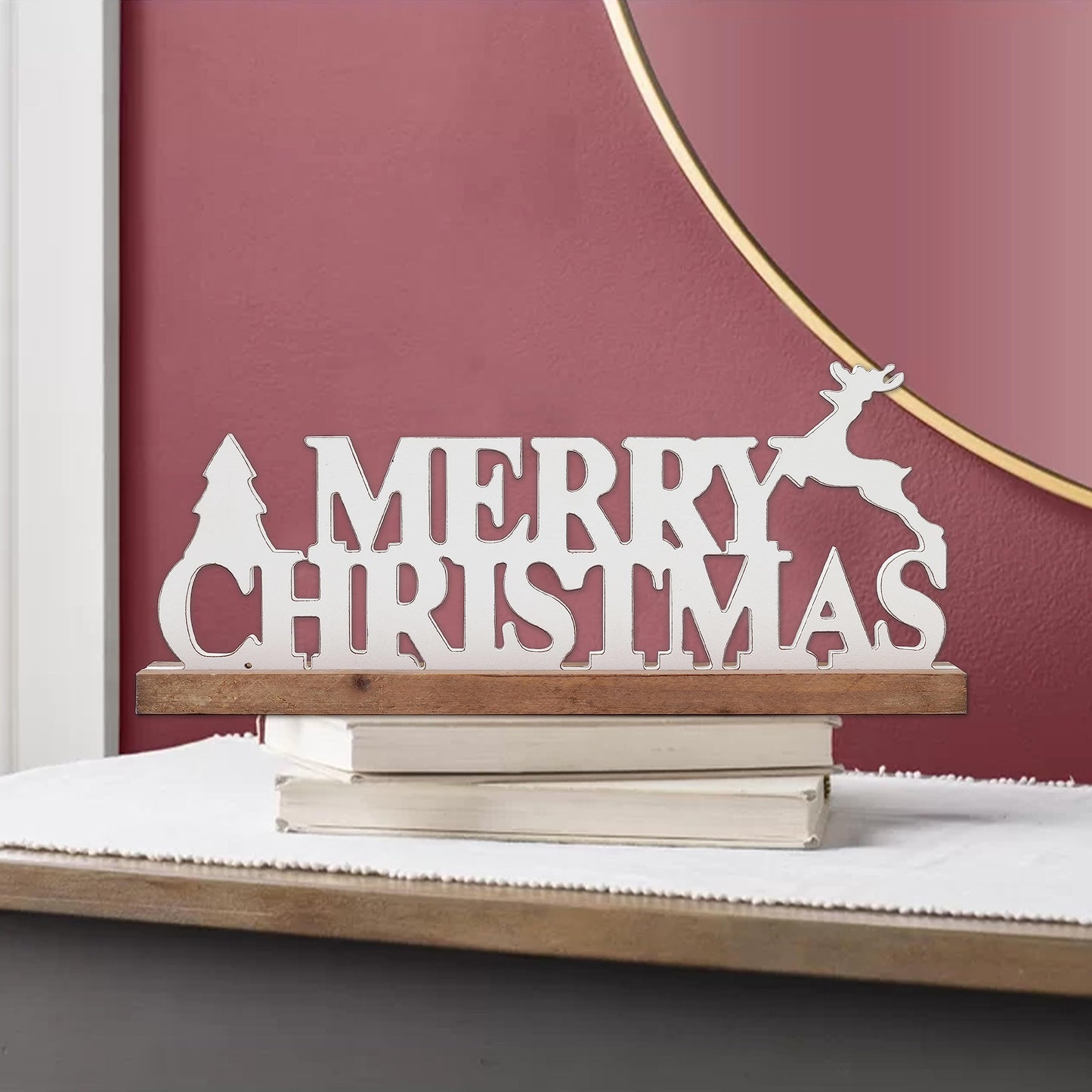 Sintosin Rustic Merry Christmas Signs for Home Decor 16 Inches, Farmhouse Wooden Noel Christmas Decor, Distressed Winter Decoration with White Tree and Deer for Tabletop Living Room