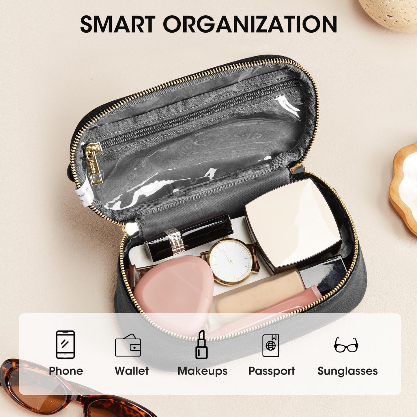 Kattee Makeup Bag for Women, Leather Cosmetic Bag, Working Makeup Bags for Ladies with Handles, Portable Travel Toiletry Bag,Black