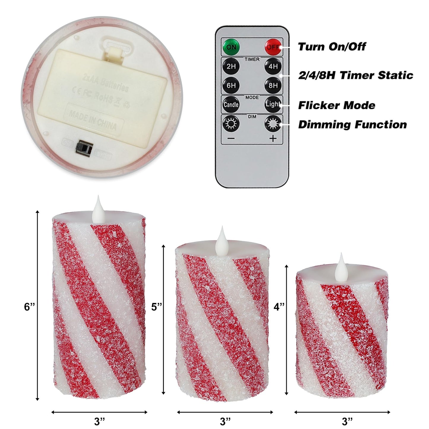 Christmas Pillar Flameless Candles Decor - Red and White Candy Cane Stripe LED Battery Operated Flickering Candles with Timer Remote Control Xmas Party Wedding Home Table Decoration