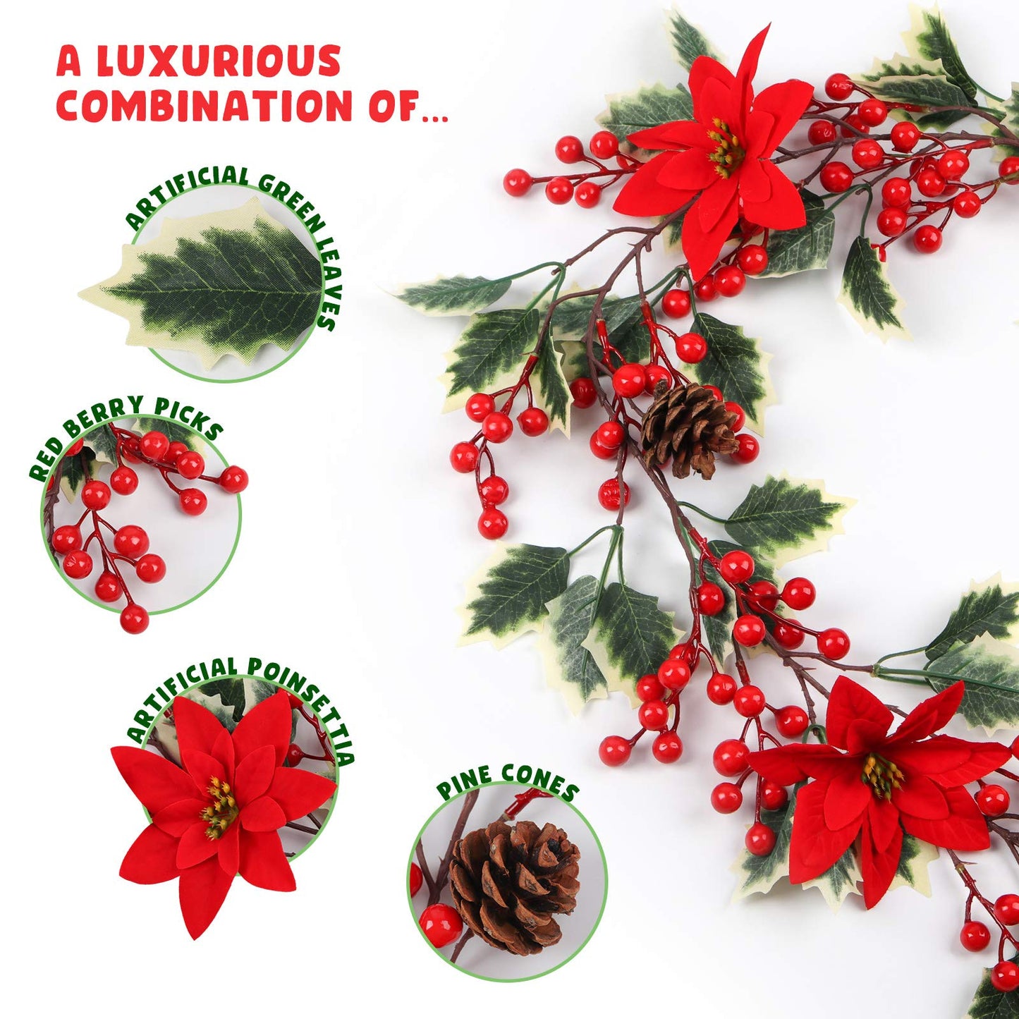 Mocoosy 6.3FT Red Berry Garland with Poinsettia, Artificial Christmas Holly Berry Vine, Winter Berry Christmas Decorations Indoor Outdoor Mantle Fireplace Window Door Hanging Holiday Xmas Home Decor