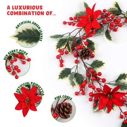 Mocoosy 6.3FT Red Berry Garland with Poinsettia, Artificial Christmas Holly Berry Vine, Winter Berry Christmas Decorations Indoor Outdoor Mantle Fireplace Window Door Hanging Holiday Xmas Home Decor