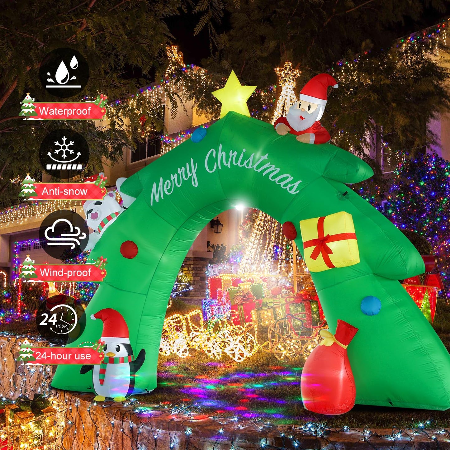 InfleasJoiy 16FT Christmas Tree Arch Inflatable Christmas Decoration with LED Lights and Kaleidoscope Lights for Holiday Celebration Decorations on Yard, Lawn and Patio